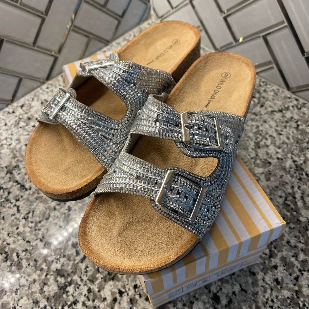 Wild Diva Silver Tan Sandals with Adjustable Straps - Picture 1 of 3